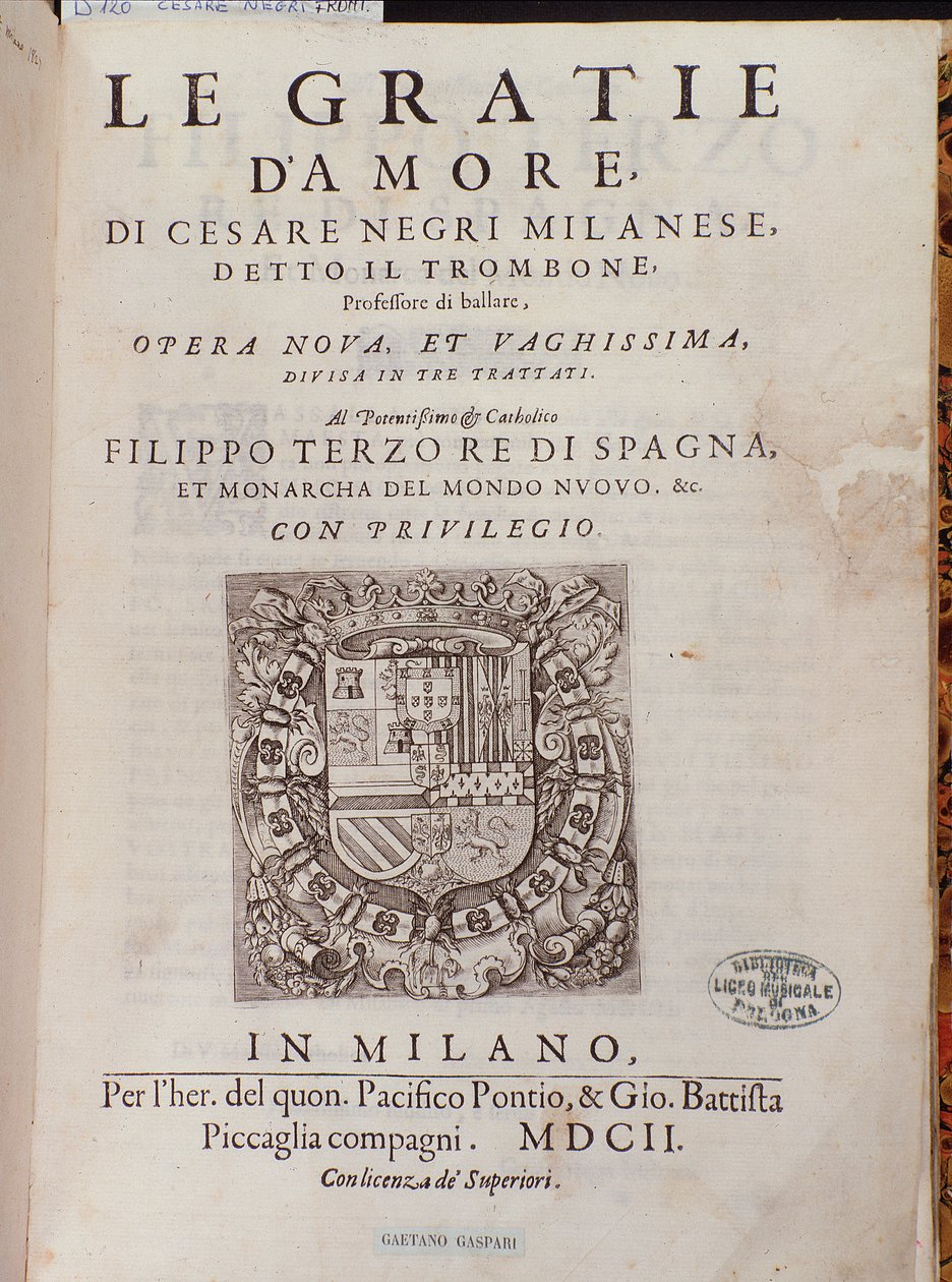 صورة ل Gratie dAmore (Le Grazie dAmore) للراقصة الإيطالية Cesare Negri تسمى Il Trombone (1536-1604) ، معاهدة على الرقص بواسطة المدرسة الايطالية