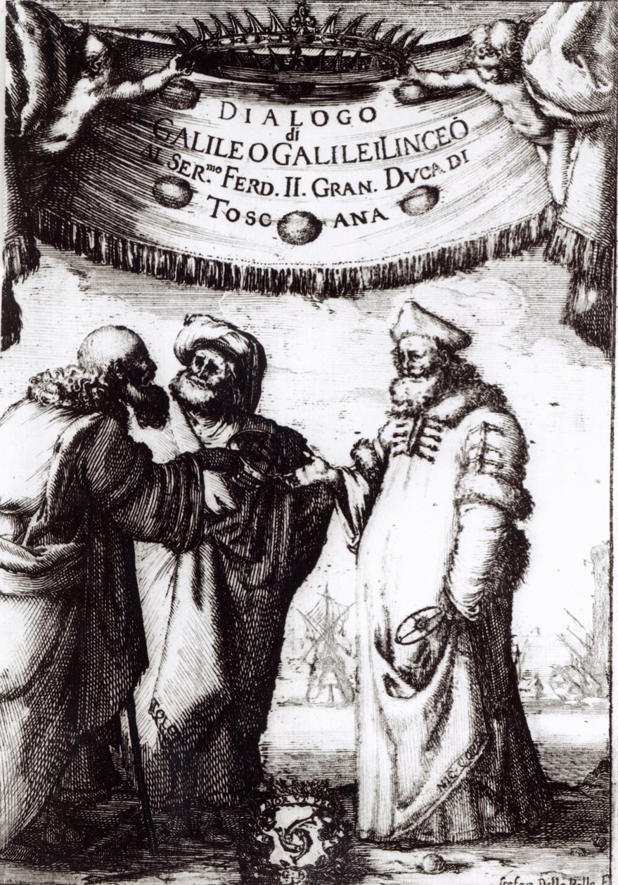 صورة واجهة للحوار حول أعظم نظامين في العالم بواسطة غاليليو ، نُشر عام 1632 بواسطة المدرسة الايطالية