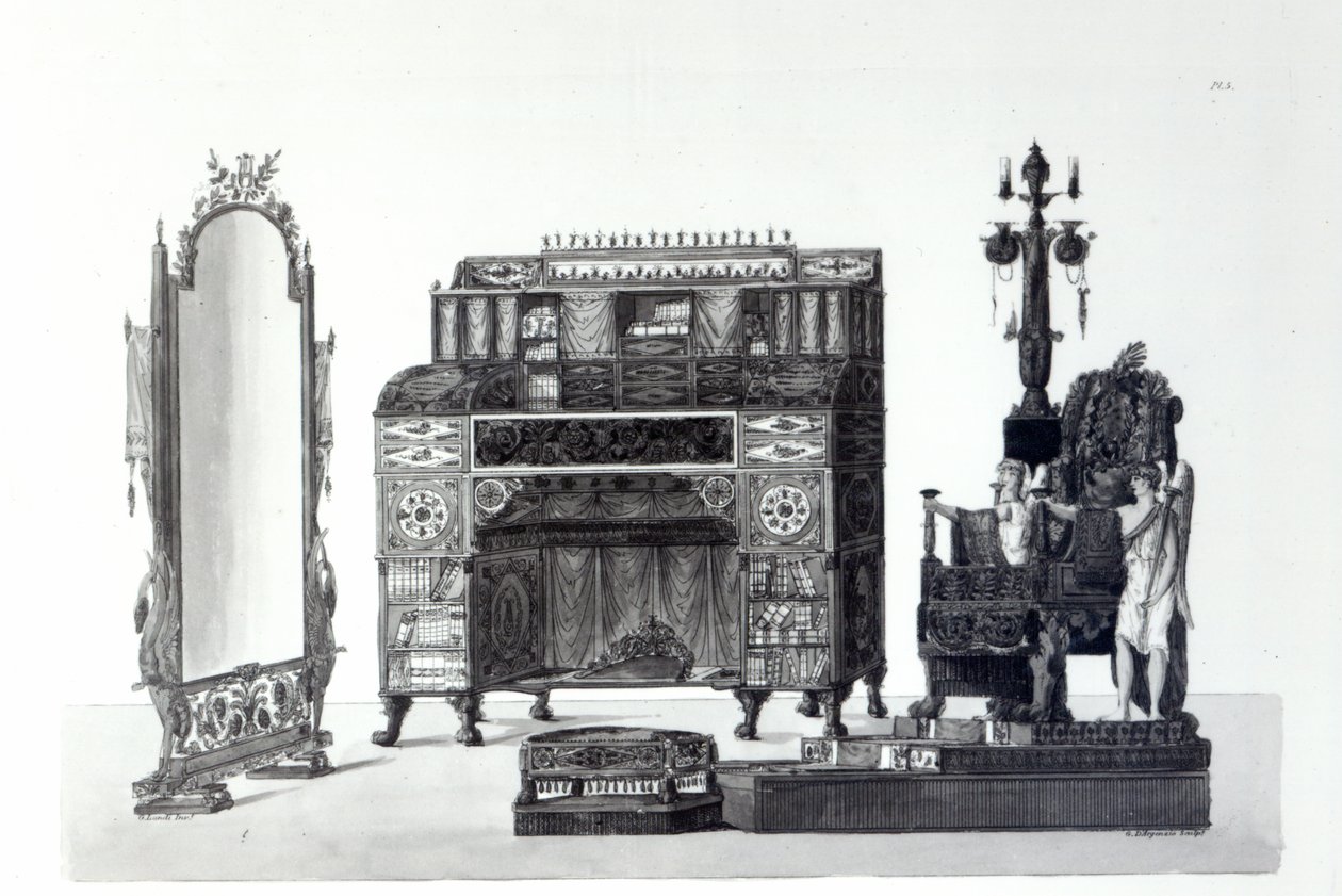 أثاث على الطراز اليوناني من الزخارف المعمارية من قبل Gaetano Landi ، محفور بواسطة G. DArgenzio ، 1810 بواسطة المدرسة الايطالية