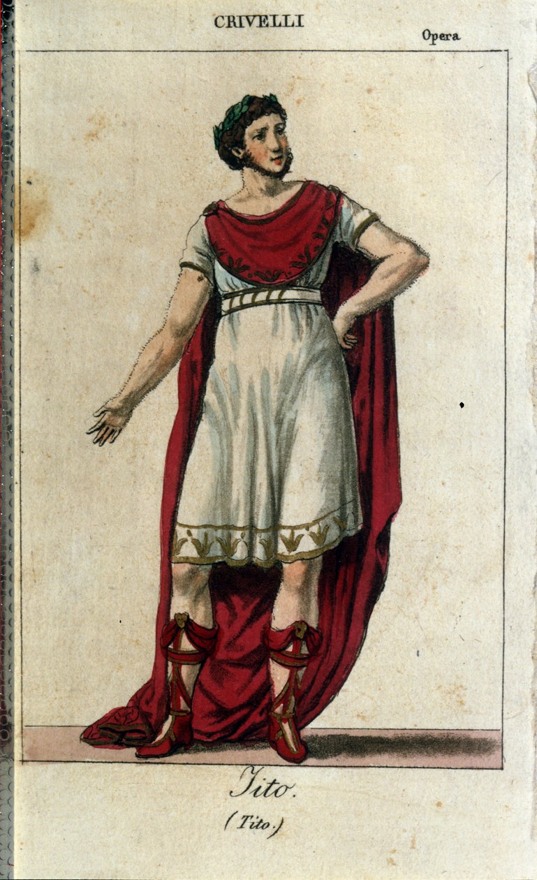 غايتانو كريفيلي (1768-1836) في دور تيتو في فيلم "La Clemence de Tito" للمخرج فولفغانغ أماديوس موزارت (1756-1791) ممثلاً في لا سكالا بميلانو عام 1819 بواسطة المدرسة الايطالية