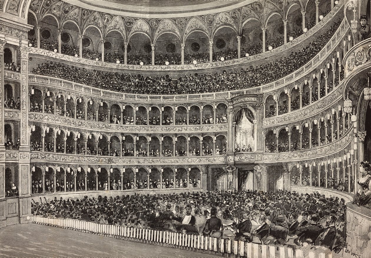Gala evening at Costanzo theatre in honor of crown prince of Germany (future Frederick III), Rome, Italy, engraving from drawing by Dante Paolocci, from L