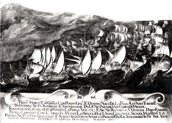 الجنرال فرانسيسكو موروسيني (1618-1694) والأسطول الفينيسي في مواجهة مع الأسطول التركي قبالة ساحل كريت ، مايو 1661 بواسطة المدرسة الايطالية