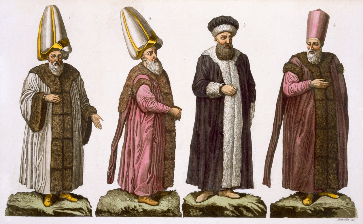 Grand Visir ، Caim-Mecam ، Reis-Efendi and Khodjakian ، اللوحة 15 من الجزء الثالث ، المجلد الأول من تاريخ الأمم ، منقوش بواسطة C. Botticella (aquatint) بواسطة المدرسة الايطالية