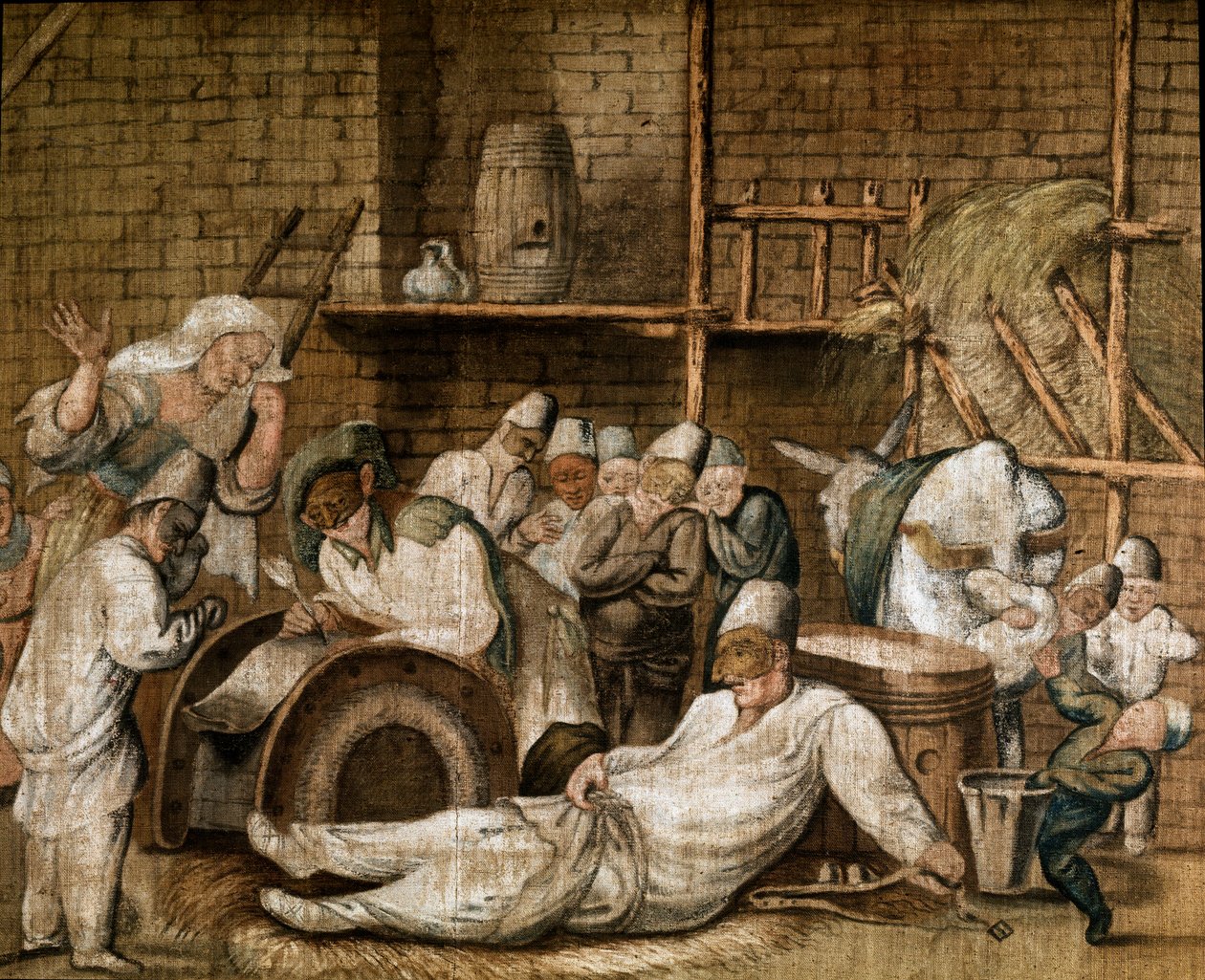 شخصيات بشعة من Commedia dell'arte في ديكور حظيرة ، إحداها هي deculotte لوحة للمدرسة الرومانية في القرن السابع عشر Biblioteca e Museo Teatrale del Burcardo Rome بواسطة المدرسة الايطالية