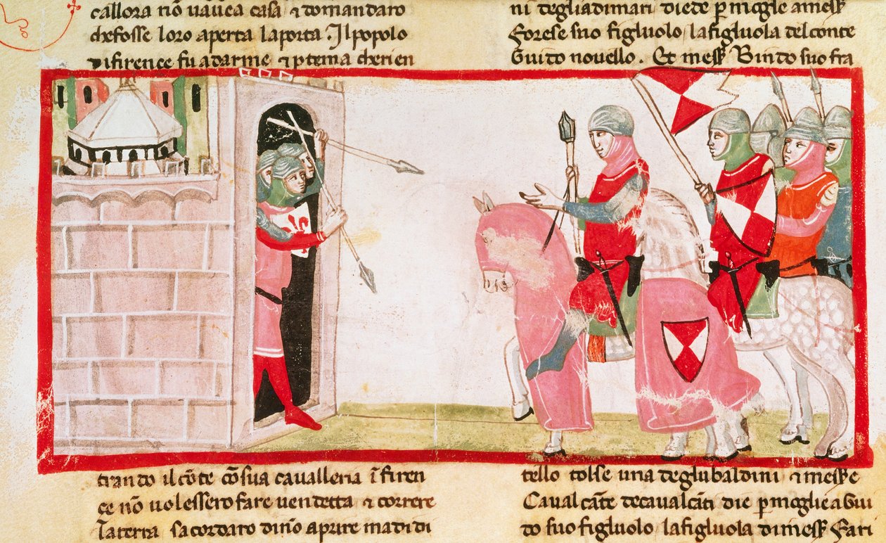 تمنع Guelfs Ghibellines من العودة إلى المدينة ، مصغرة من Cronica (Chronicles) بقلم Giovanni Villani ، مخطوطة ، إيطاليا القرن الرابع عشر. بواسطة المدرسة الايطالية