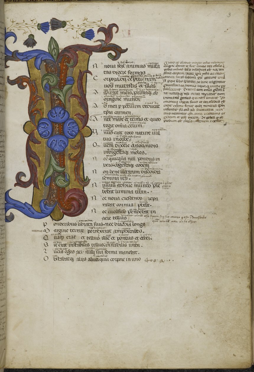 Harley 2769 ، f.3 حرف "I" (اسم) مبدئي مزخرف في بداية تحولات Ovid ، حوالي 1400 (حبر ولون على ورق) بواسطة المدرسة الايطالية