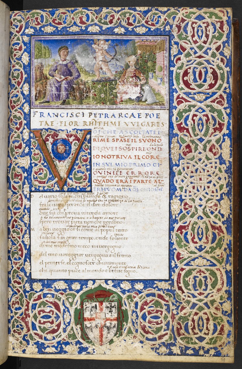 Harley 3567، f.9 Miniature of Petrarch and Laura، with Love يصوب سهمه إلى Laura ، من "Rime and Trionfi" بواسطة المدرسة الايطالية