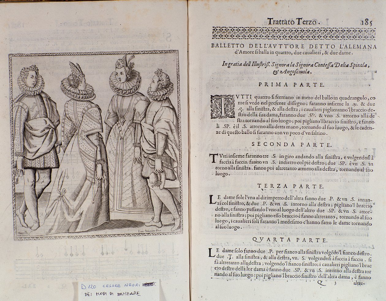 كيفية الرقص على صفحة Alemanna المزدوجة في Le Gratie dAmore (Le Grazie dAmore) للراقصة الإيطالية Cesare Negri تسمى Il Trombone (1536-1604) ، معاهدة على الرقص بواسطة المدرسة الايطالية