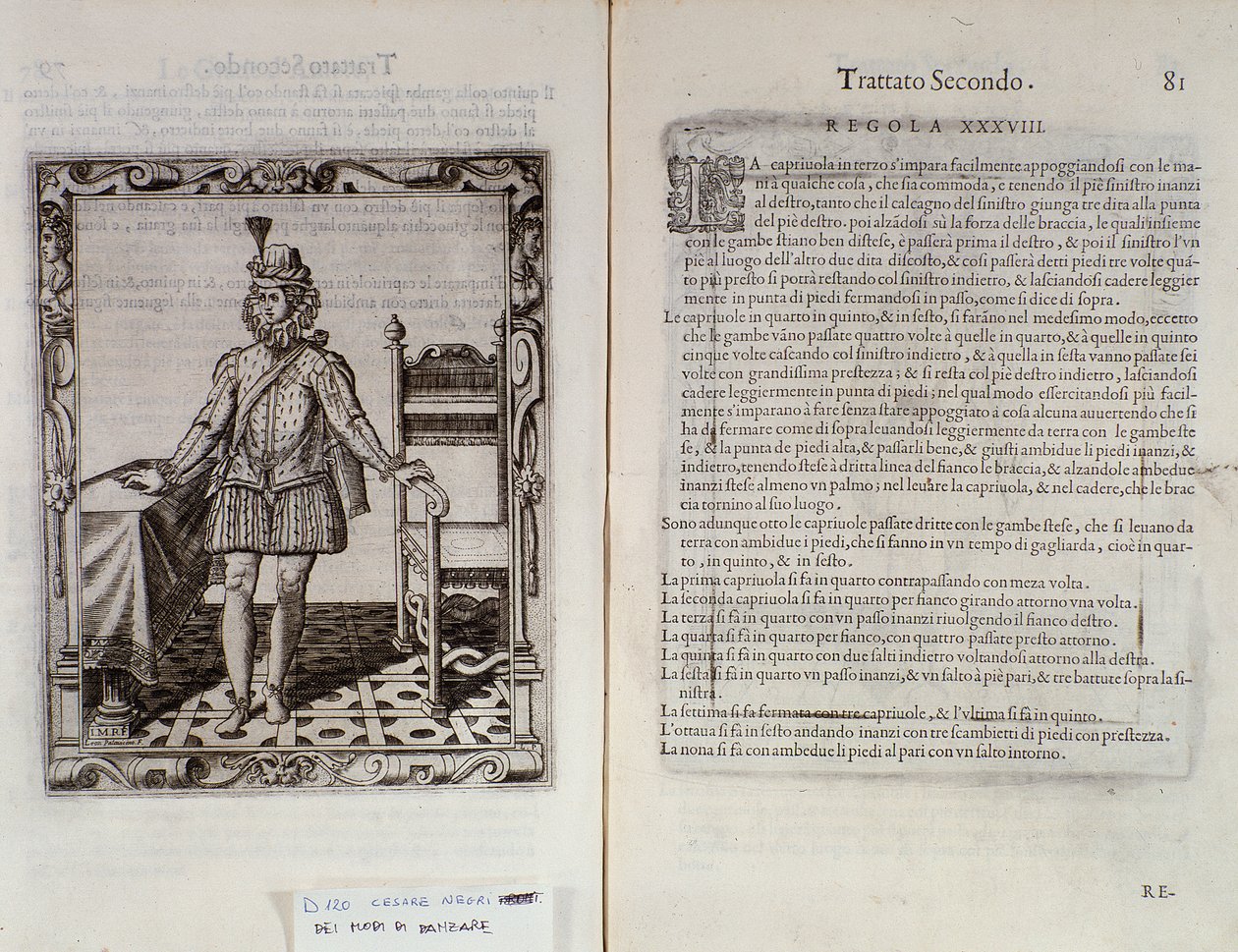 كيف ترقص كابريولا - صفحة مزدوجة من Le Gratie dAmore (Le Grazie dAmore) للراقصة الإيطالية Cesare Negri تسمى Il Trombone (1536-1604) ، معاهدة على الرقص بواسطة المدرسة الايطالية