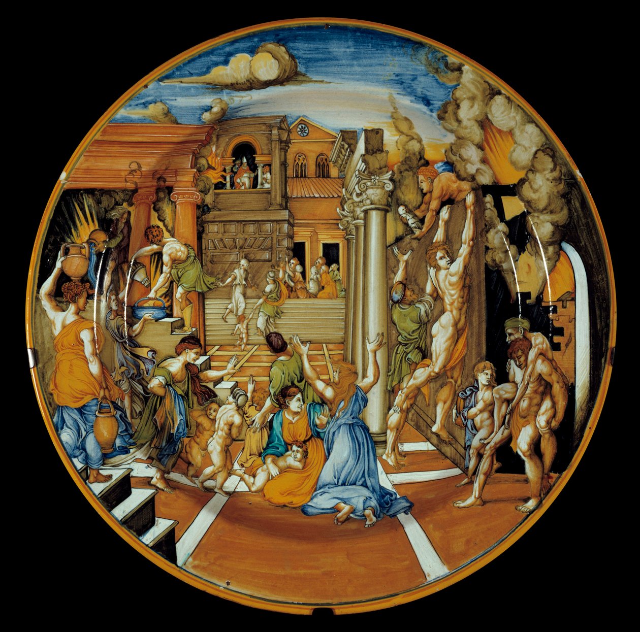 إلياذة هومير: طبق خزفي يمثل نار طروادة. أدركت في فاينسا. 1525-1530. باريس ، متحف اللوفر بواسطة المدرسة الايطالية