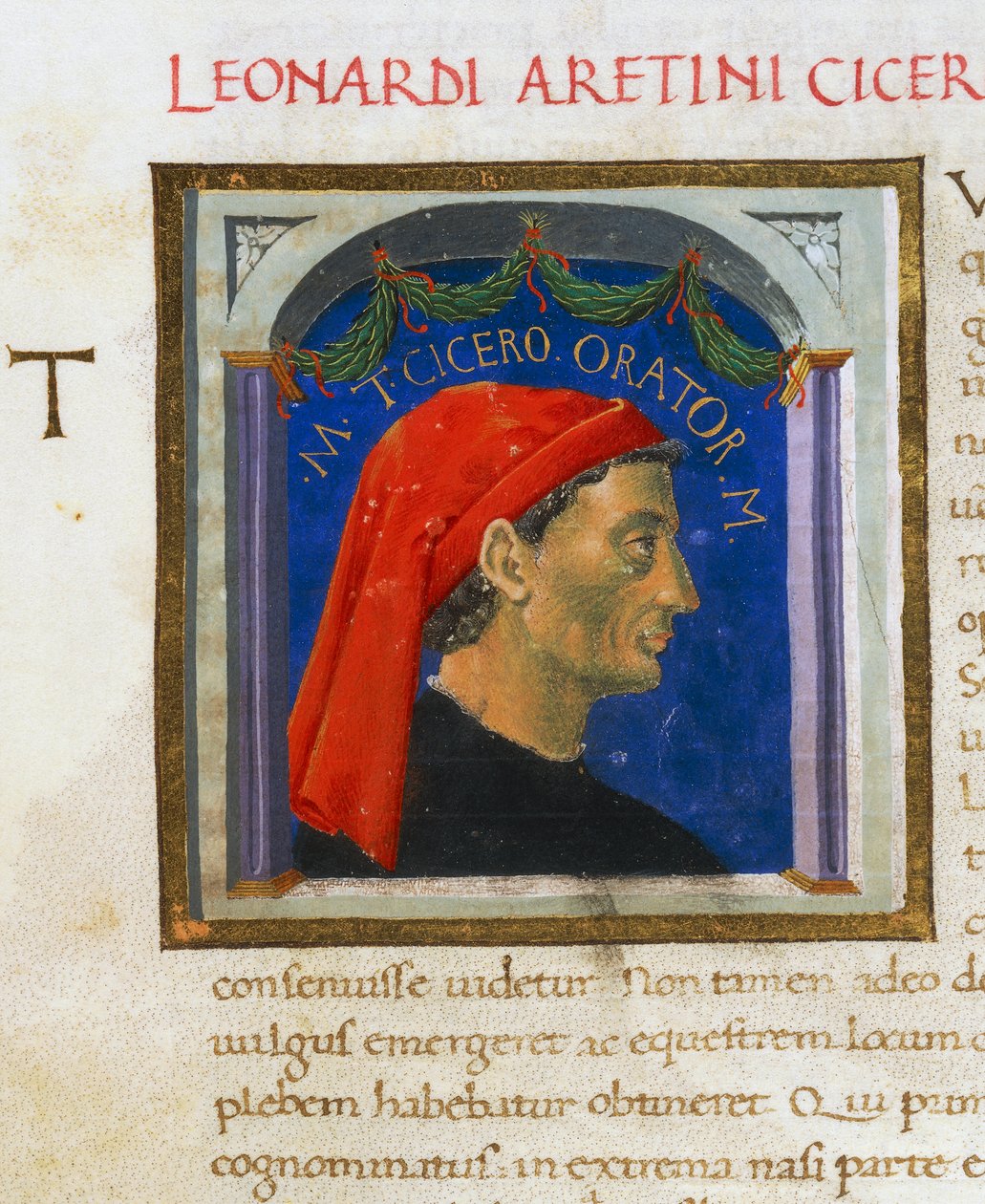 صفحة مضيئة مع ملف تعريف شيشرون ، المجلد الأول ، اليسار 1 ، ص 303 ص ، Vitae virorum illustrium ، بقلم بلوتارخ (حوالي 46-127) ، مخطوطة ، إيطاليا بواسطة المدرسة الايطالية