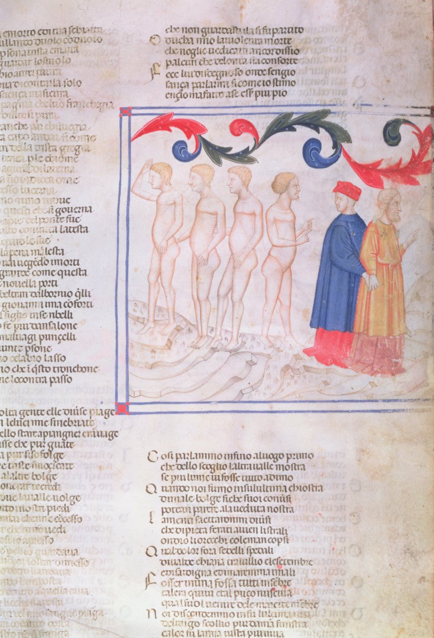 Inferno XXIX f.21r Geri del Bello in the Circle of Falsifiers، from The Divine Comedy by Dante Alighieri (1265-1321) بواسطة المدرسة الايطالية