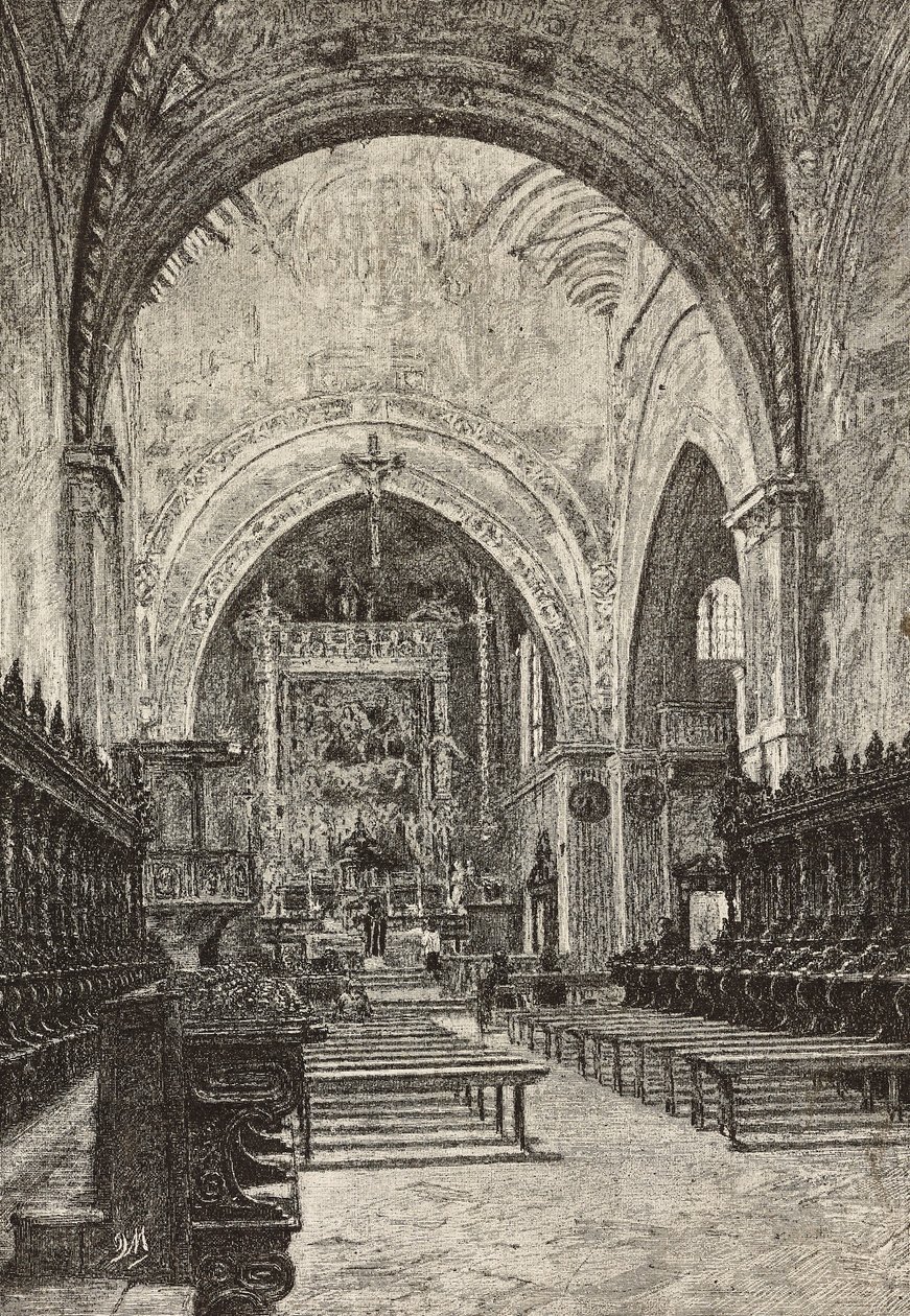 Interior of Chiaravalle church, Italy, engraving from drawing by Quinto Michetti, from L