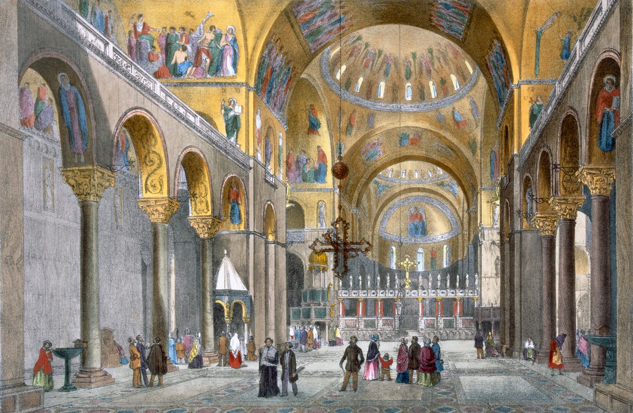 داخل سان ماركو باسيليكا ، تطل على القبة ، من مناظر البندقية بواسطة Cecchini ، Pividor و Viola ، c.1850 (ليثو ملون يدويًا) بواسطة المدرسة الايطالية