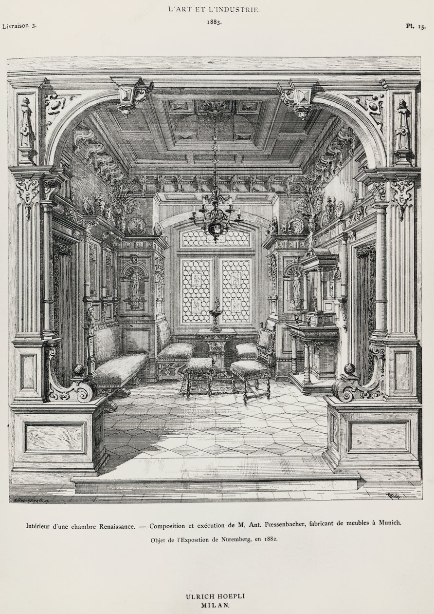 التصميم الداخلي لغرفة النوم على طراز عصر النهضة الجديد من تصميم Possenbacher ، موناكو ، رسم توضيحي من L 'art et l'industrie بواسطة المدرسة الايطالية