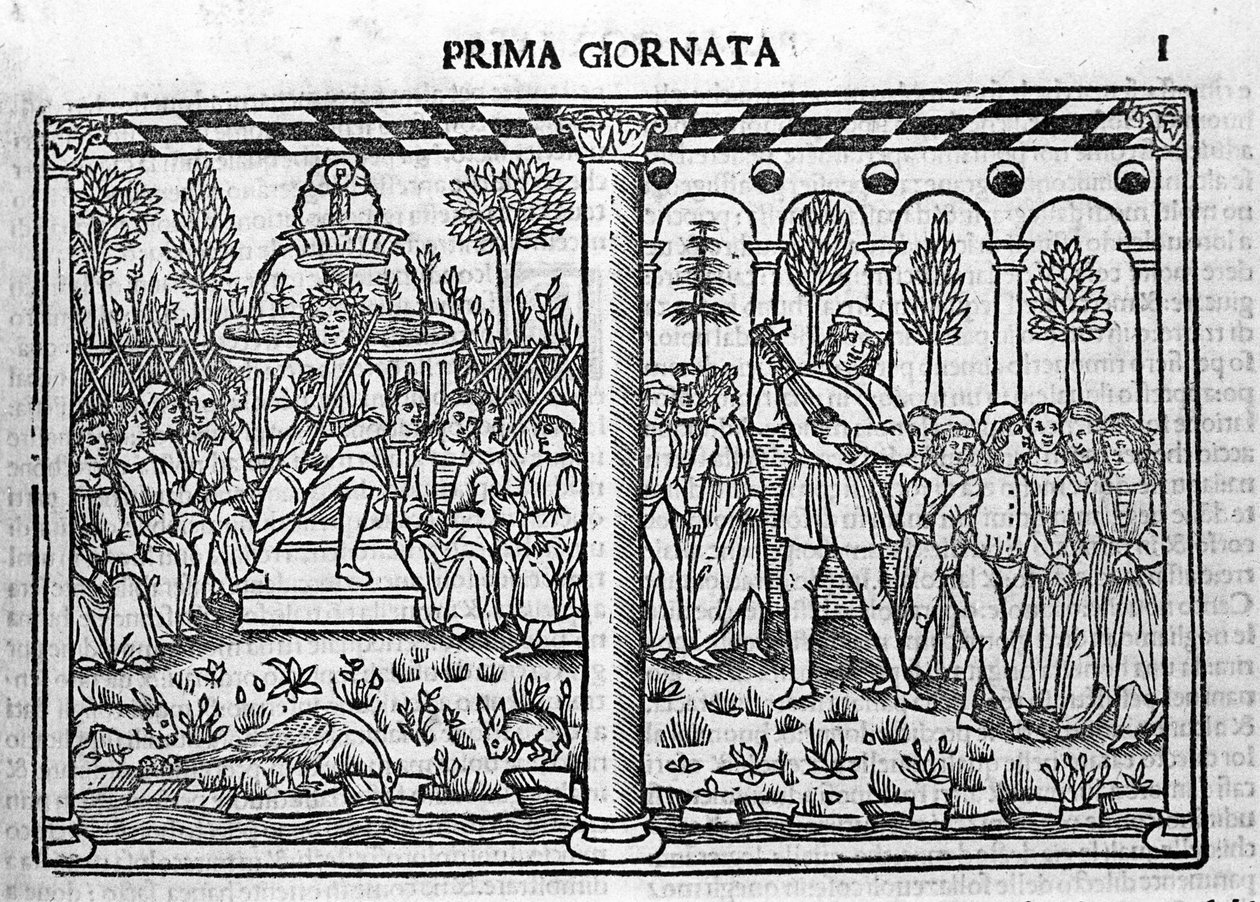 مقدمة: تمثيل مؤلف ديكاميرون يحيط بعشرة شبان. رسم توضيحي لليوم الأول من ديكاميرون (1349-1351) بقلم جيوفاني بوكاتشيو أو جان بوكاس (1313-1375) ، نقش في "" ديكاميرون أوير سينتو نوفيل "فينيسيا ، بارتول بواسطة المدرسة الايطالية