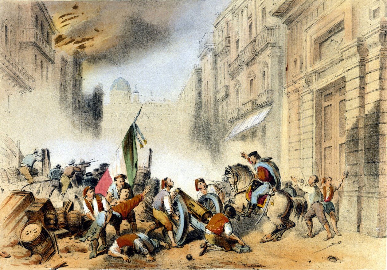 اتحدوا الإيطاليون: في 26/05/1860 ، دخل جوزيبي غاريبالدي ، على رأس قميصه الأحمر ، الألف ، باليرمو في صقلية ووجه ضربة حاسمة لمملكة بوربون نابولي. نقش القرن التاسع عشر بواسطة المدرسة الايطالية
