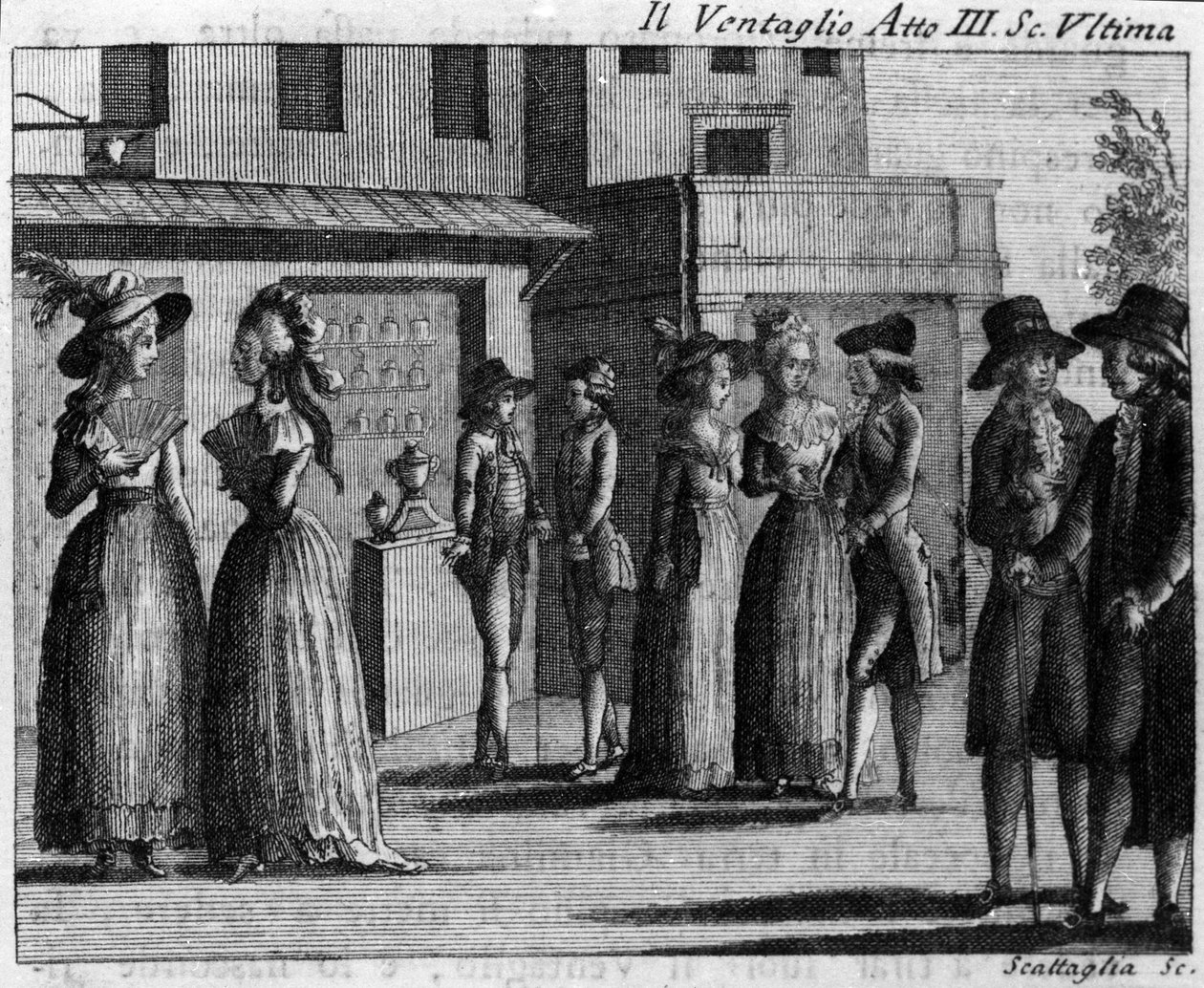 المشهد الأخير من الفصل الثالث من العمل الهزلي "Il ventaglio" (الحدث) (1764) لكارلو جولدوني (1707-1793). نقش القرن الثامن عشر بواسطة المدرسة الايطالية