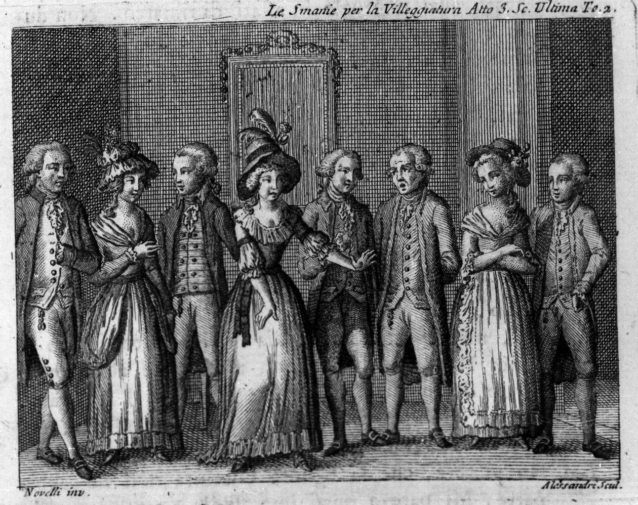 المشهد الأخير من الفصل الثالث من العمل الهزلي "Le smania per la villeggiatura" "(المدينة) (1761) لكارلو جولدوني (1707-1793). نقش القرن الثامن عشر بواسطة المدرسة الايطالية