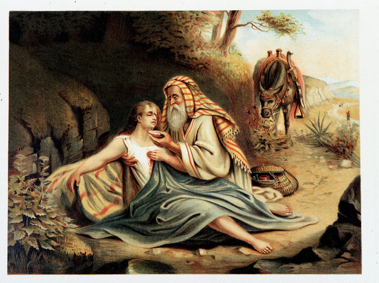 Le Bon Samaritan - في "" الكتاب المقدس الكلاسيكي الذهبي: تاريخ الوحي الإلهي في القديم وفي الكفاح الجديد "بقلم جيوفاني لاديسلاو سيكورا (المجلد 2) ، ترجمة دون كليمنتي بينيتي. (الكتاب المقدس الإيطالي) بواسطة المدرسة الايطالية