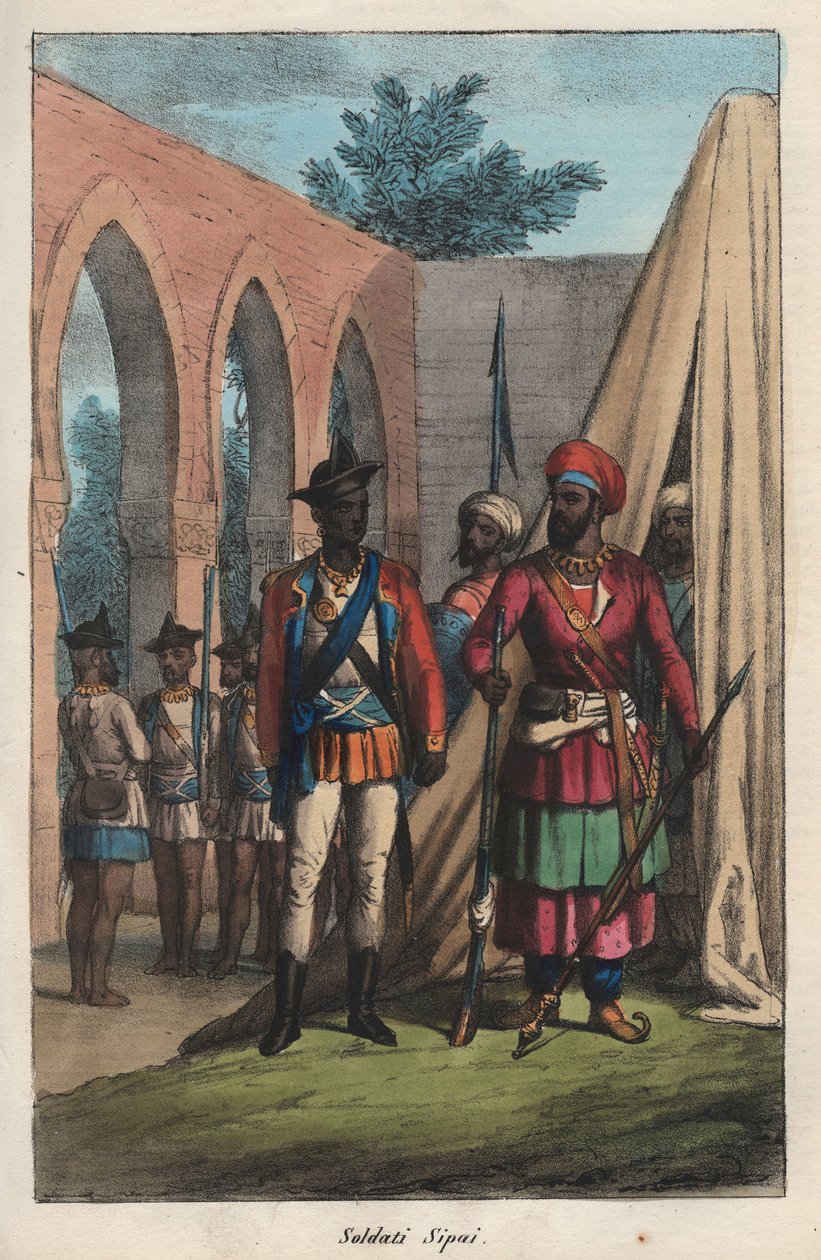 Les sepoys (cipaye ، cipahi ، cepoy ، sipahi) ، جيش مكون من الهنود في خدمة شركة الهند الشرقية - جندي هندي sepoy - نقش من "عادات وتقاليد جميع شعوب الكون. أو تاريخ الحكومة ، أو القوانين ، أو الميليشيات ، د بواسطة المدرسة الايطالية