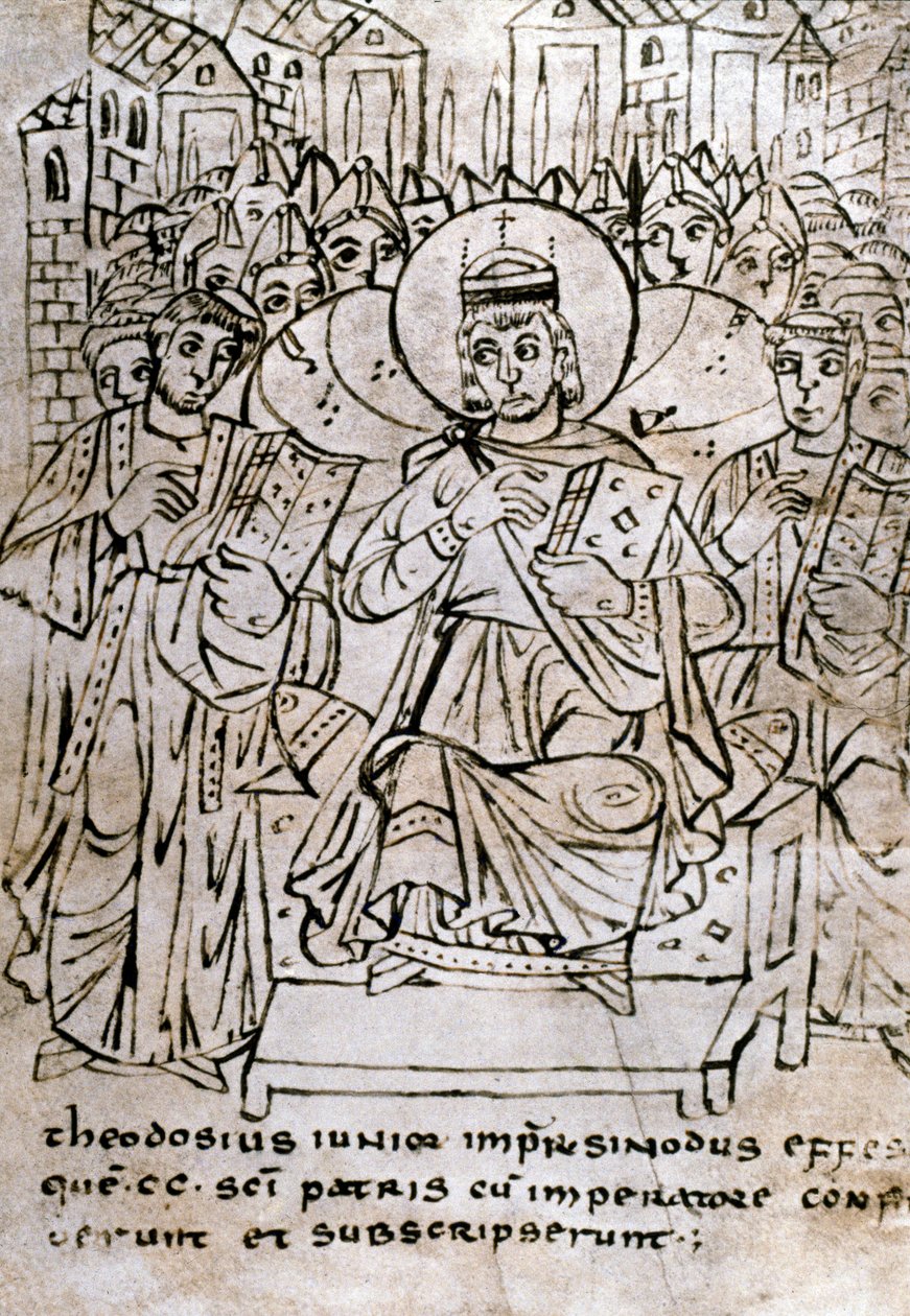 Lombard Art: “” Emperor Theodosius II (401-450), grandson of Theodosius I, at the Council of Ephesus on 22/06/431, condemning nestorianism (of the Patriarch Nestorius or Nestorios)”” Drawing with pen on parchment draws from a treaty of canonical rights. 9t بواسطة المدرسة الايطالية