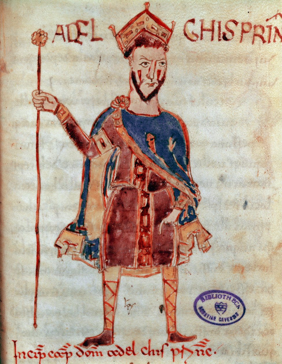 الأمير اللومباردي أدالجيس (توفي 788) صورة مصغرة من "" Codex Legum Longobardorum "" (أو Langobardorum) تصف قوانين مملكة لومبارد التي أنشأها الملك روثاري بواسطة المدرسة الايطالية
