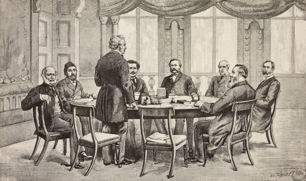 London conference on Egypt, United Kingdom: Count Munster, Musurus Pasha, Granville (standing), Count Nigra, Waddington, De Staal, Childers, Count Karolyi, engraving from drawing by Edoardo Ximenes, from L