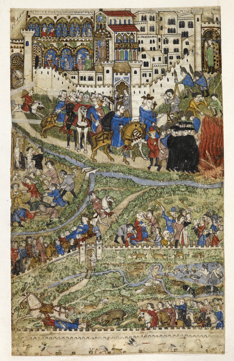 MS Add.27695 fol.6v تدمير فرسان الهيكل وموت الملك فيليب الرابع (1268-1314) من فرنسا ، رسم توضيحي من "مقالة في الرذائل" لكوتشاريلي من جنوة ، أواخر القرن الرابع عشر (رق) بواسطة المدرسة الايطالية