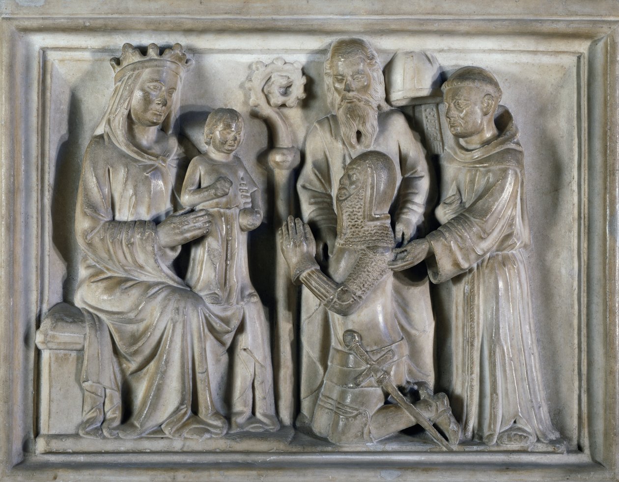 Madonna and Child, with a warrior and saints, relief created ??by The Masters of Campione. Italy بواسطة المدرسة الايطالية
