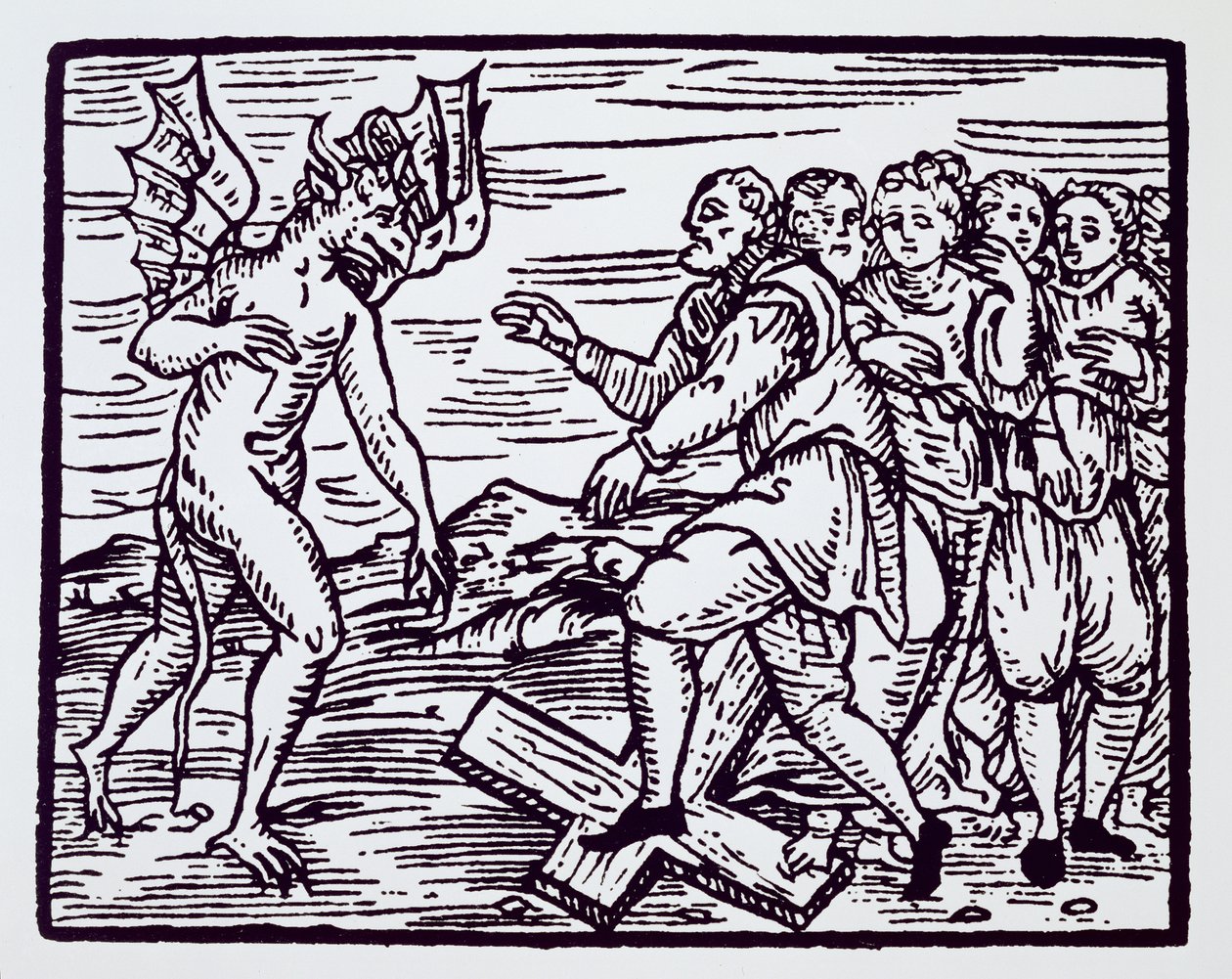 ساحرة ذكر تتخلى عن المسيح ، نسخة من رسم توضيحي من Compendium Maleticarum بواسطة Fr M Guaccius ، ميلانو 1608 ، تم استخدامه في تاريخ السحر ، تم نشره في أواخر القرن التاسع عشر بواسطة المدرسة الايطالية