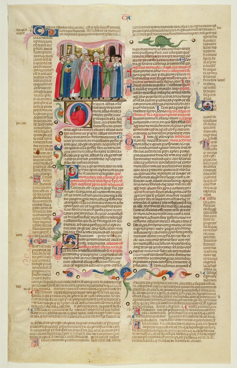 قطع Marlay IT.7: ورقة مصغره من Gratians Decretum تظهر حالة رئيس الأسقف المصنوع من رئيس الدير بواسطة المدرسة الايطالية
