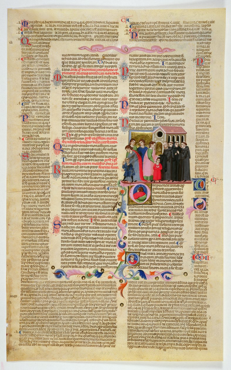Marlay Cutting IT.9: ورقة مصغره من Gratians Decretum تظهر صبيان أحضرهما والديهما إلى دير بواسطة المدرسة الايطالية