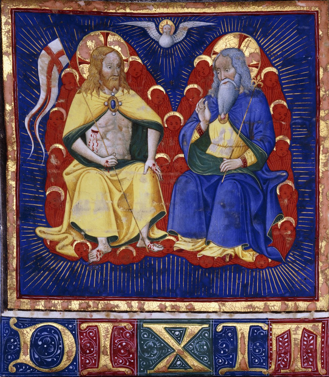 Master of the Vitae Imperatorum: The Trinity ، صورة مصغرة من كتاب جوقة مزخرف على ورق ، حوالي 1440 (طلاء وذهب مصقول على رق) بواسطة المدرسة الايطالية
