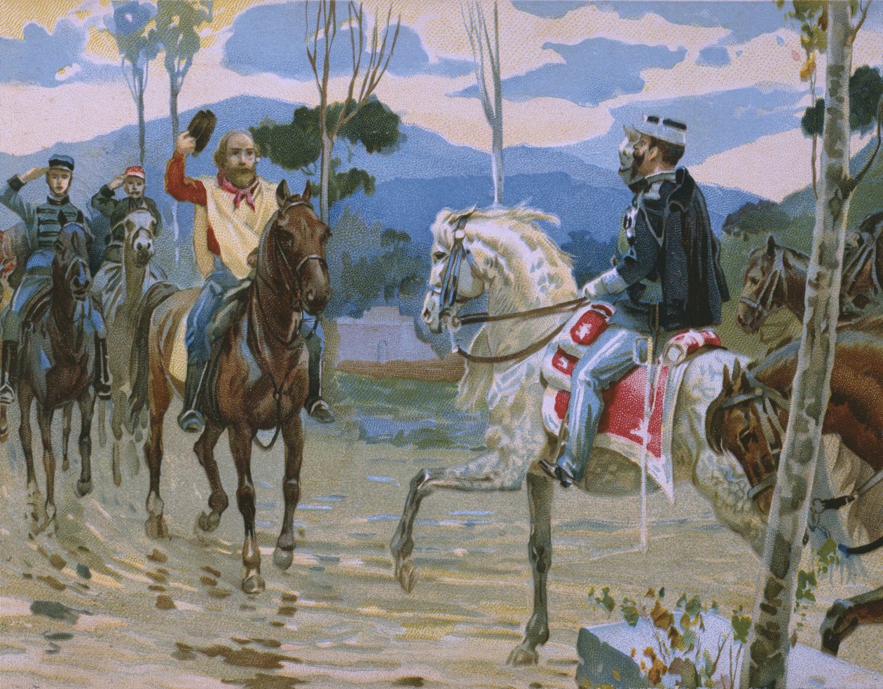 لقاء بين جوزيبي غاريبالدي والملك فيكتور عمانويل الثاني (1820-1878) في 26 أكتوبر 1860 في تيانو ، توضيح من ألبوم عن تاريخ Risorgimento المصنوع للشوكولاتة Talmone ، la بواسطة المدرسة الايطالية