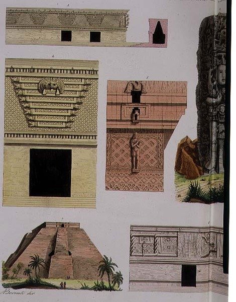 الآثار المكسيكية ، التفاصيل المعمارية من اللوحة 48 من "تاريخ الأمم" (أكواتينت) (انظر أيضًا 94498) بواسطة المدرسة الايطالية