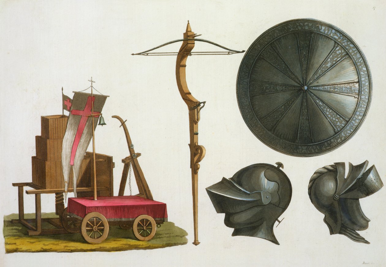 عربة ميلانو ، قوس ونشاب ودرع ، لوحة 17 من Le Costume Ancien et Moderne ، بقلم Jules Ferrario ، تم نشرها في 1820s-30s بواسطة المدرسة الايطالية