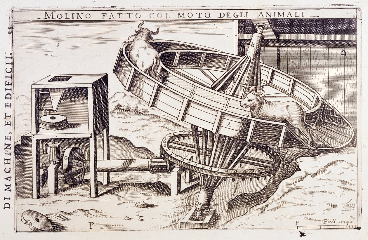 Mill powered by animals, engraving Italy بواسطة المدرسة الايطالية
