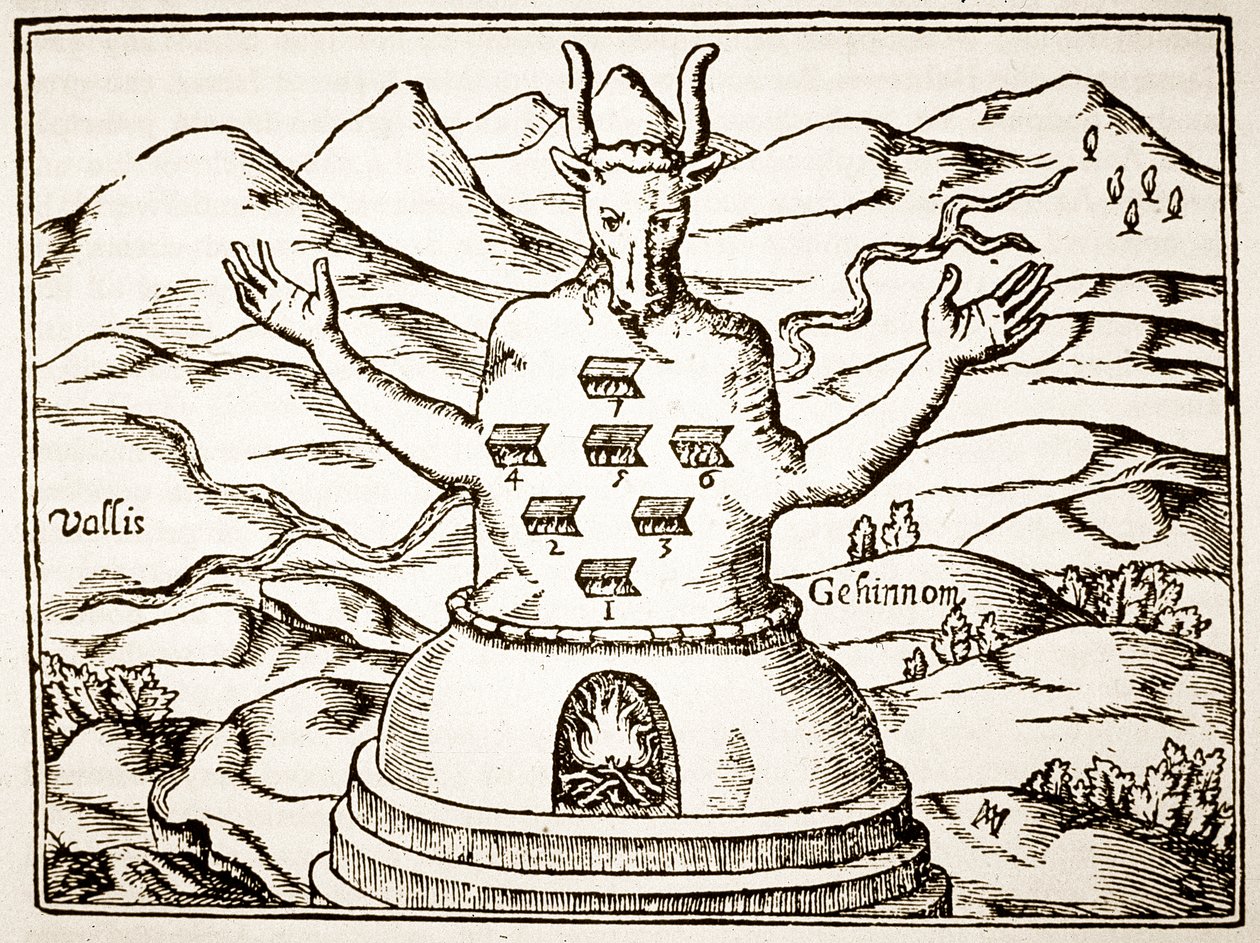 Moloch ، نسخة من رسم توضيحي من Oedipus Aegyptiacus بقلم أثناسيوس كيرشنر ، روما 1652 ، تم استخدامه في تاريخ السحر ، نُشر في أواخر القرن التاسع عشر بواسطة المدرسة الايطالية