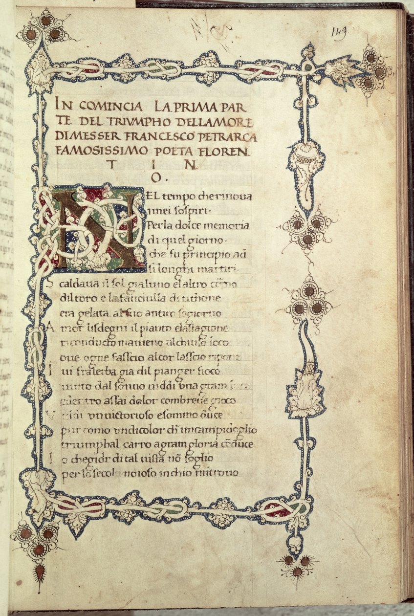 Ms.392 fol.149 انتصار الحب، من "Sonetti, Canzoni e Triomphi" بقلم بترارك (1304-73) 1470 (الرق) بواسطة المدرسة الايطالية