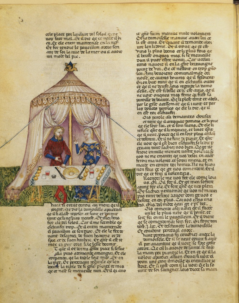Ms.Fr 343 f.31v السير بيرسيفال يميل من قبل الفتاة التي تمنحه وليمة قبل إغواءه ، من كويست ديل سانت غرال ، 1380-85 بواسطة المدرسة الايطالية