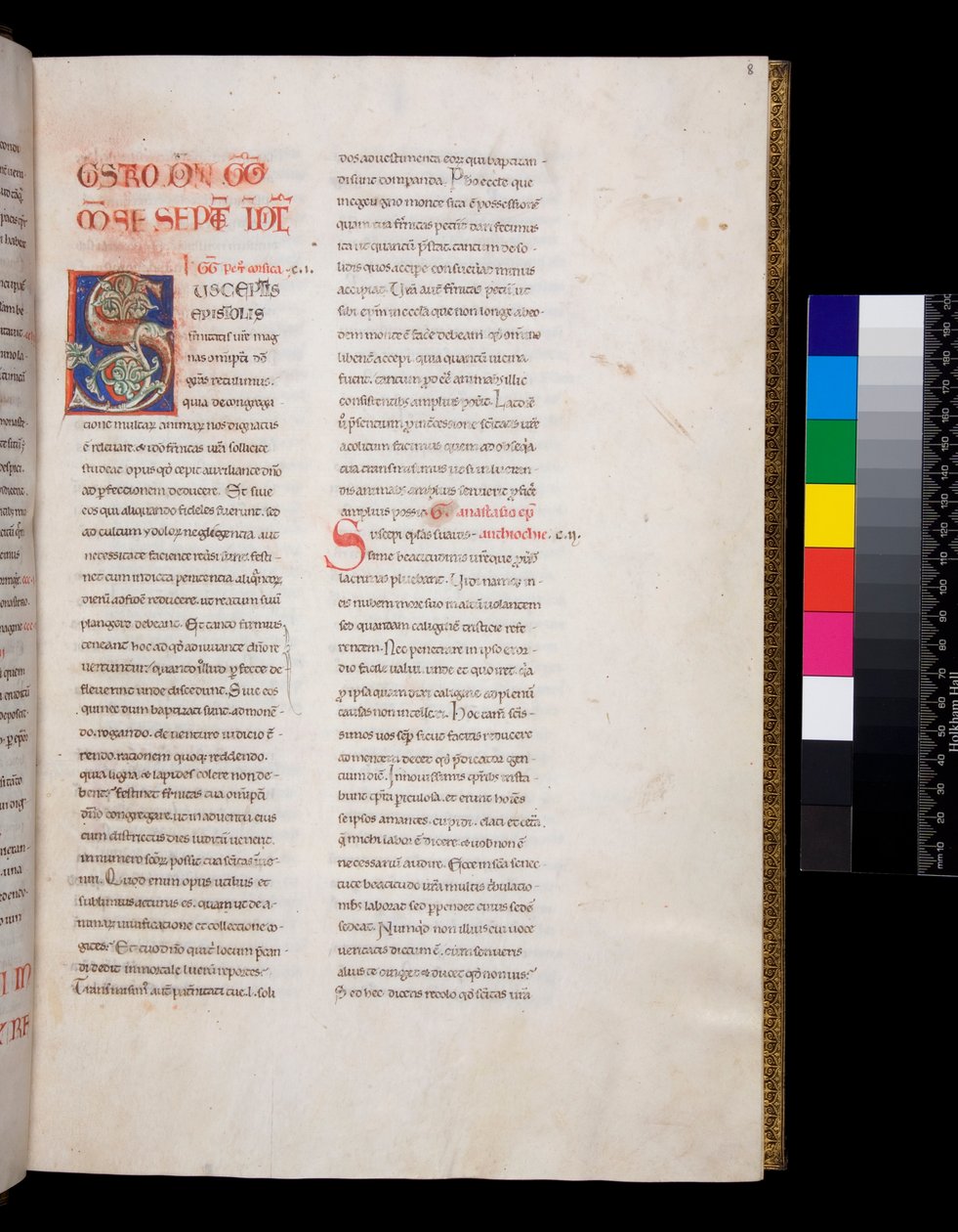 السيدة 143. غريغوري الكبير ، Registrum Epistolarum ، ص .8 ص. مزخرف [S] مبدئيًا بحشو ورق العنب الأبيض وتيجانه بواسطة المدرسة الايطالية