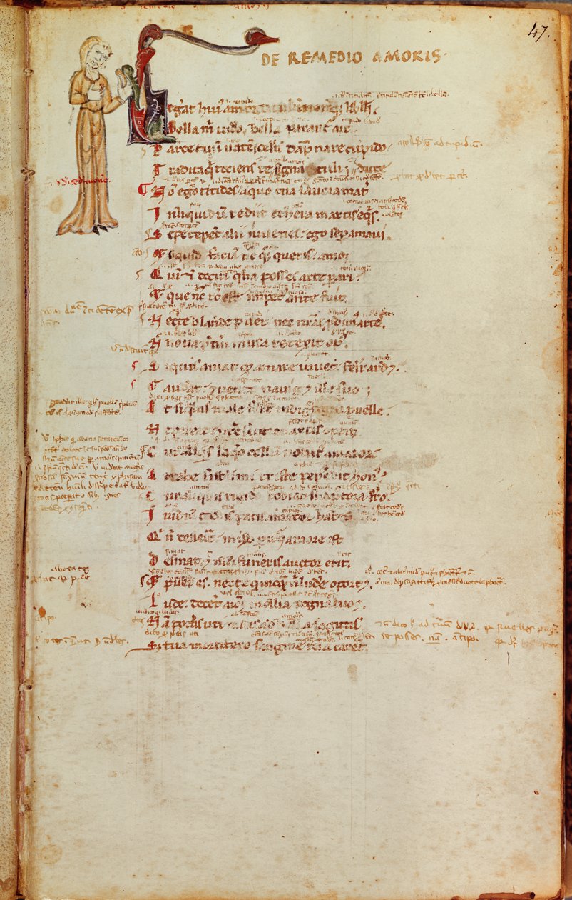 السيدة رقم ١٩ صفحة ٤٧ صفحة من النص مع بداية أولية ، من LArt dAimer بواسطة Ovid (43-17 قبل الميلاد) بواسطة المدرسة الايطالية