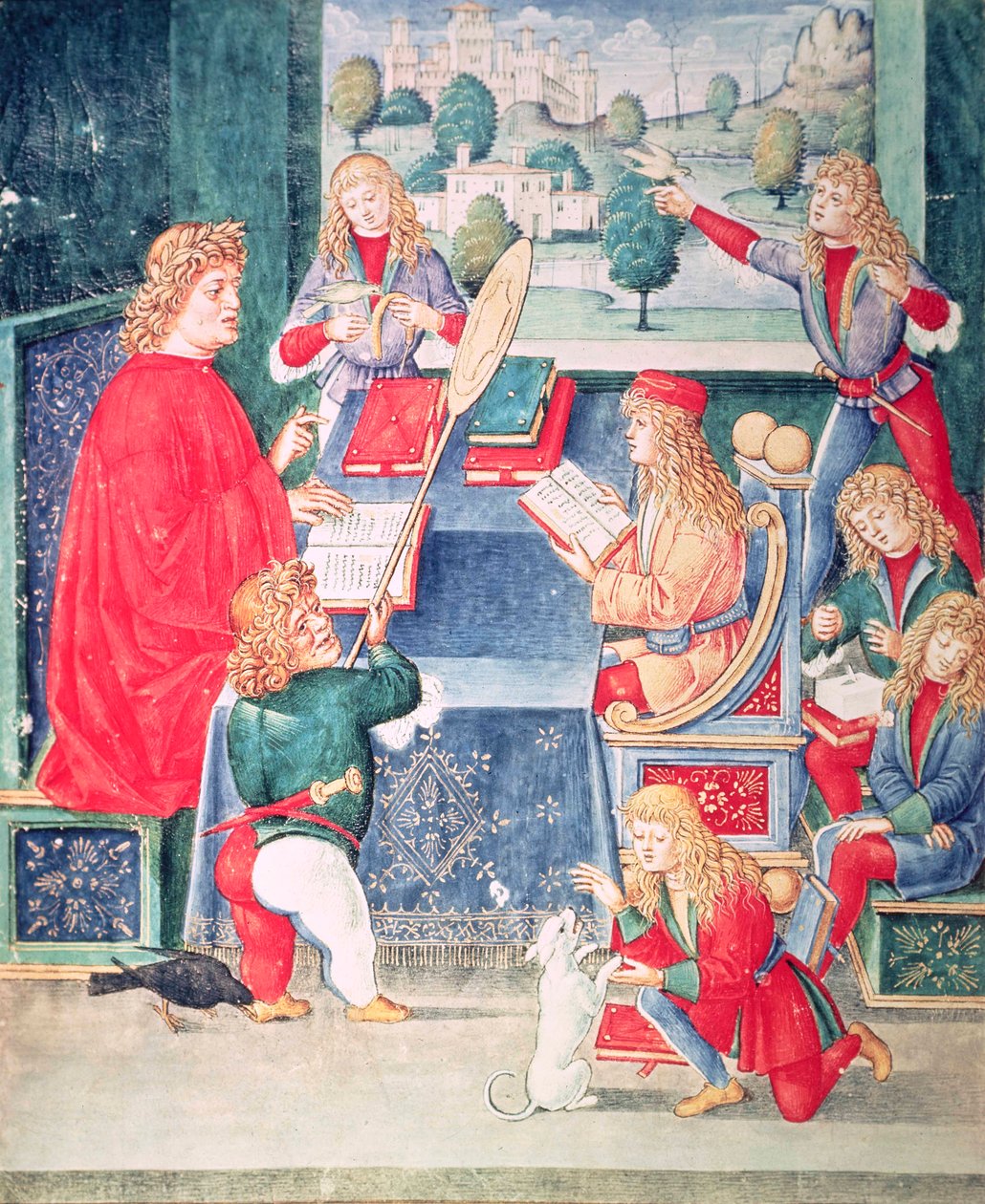 Ms 2167 f.13v Maximilian Sforza يحضر دروسه ، لومبارد ، من Donatus Grammatica (رق) بواسطة المدرسة الايطالية