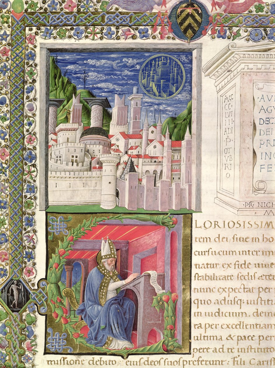 Ms 218 f.2r منظر لروما كمدينة الله ، وكتابة القديس أوغسطينوس ، من "De Civitate Dei" للقديس أوغسطينوس (354-430) 1459 (ورق) بواسطة المدرسة الايطالية