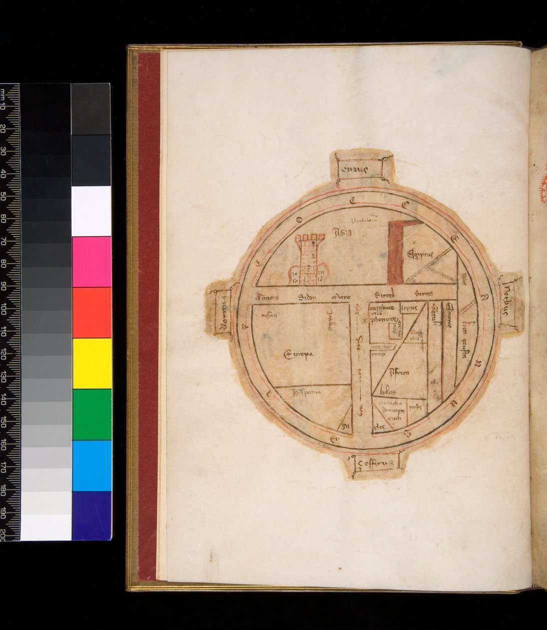 Ms 315. Horace، Ars Poetica and Epistulae، f.1v. K خريطة العالم مع برج يمثل القدس بواسطة المدرسة الايطالية