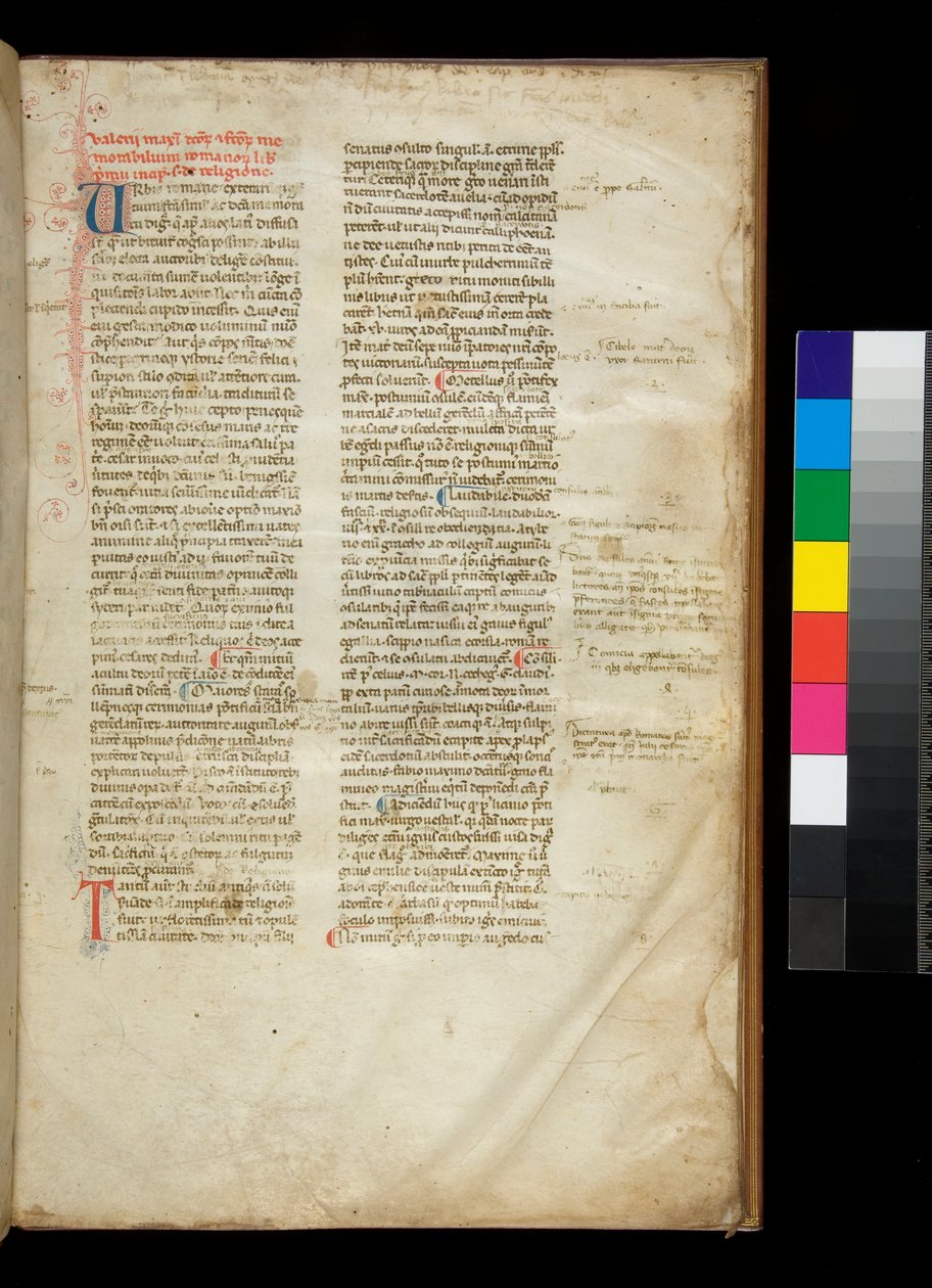 MS 361، Valerius، work on Dictorumque Memorabilium، f.2r. مثال لمكتبة قوطية مربعة الشكل نصف دائرية ، وبها حروف استهلالية متناقضة ملونة مزخرفة بالقلم بواسطة المدرسة الايطالية