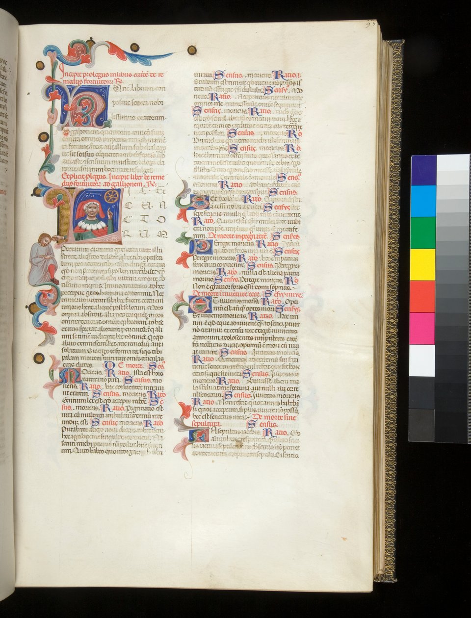 السيدة 390. سينيكا الأصغر ، الأوبرا ، وسينيكا الأكبر ، Excerpta responseiarum ، f.95r. الحرف الأول المأهول بالسكان [L] ، مع صورة لسينيكا تشير إلى عجلة الحظ وإلى شخصية ذكر محبطة على الحدود بواسطة المدرسة الايطالية