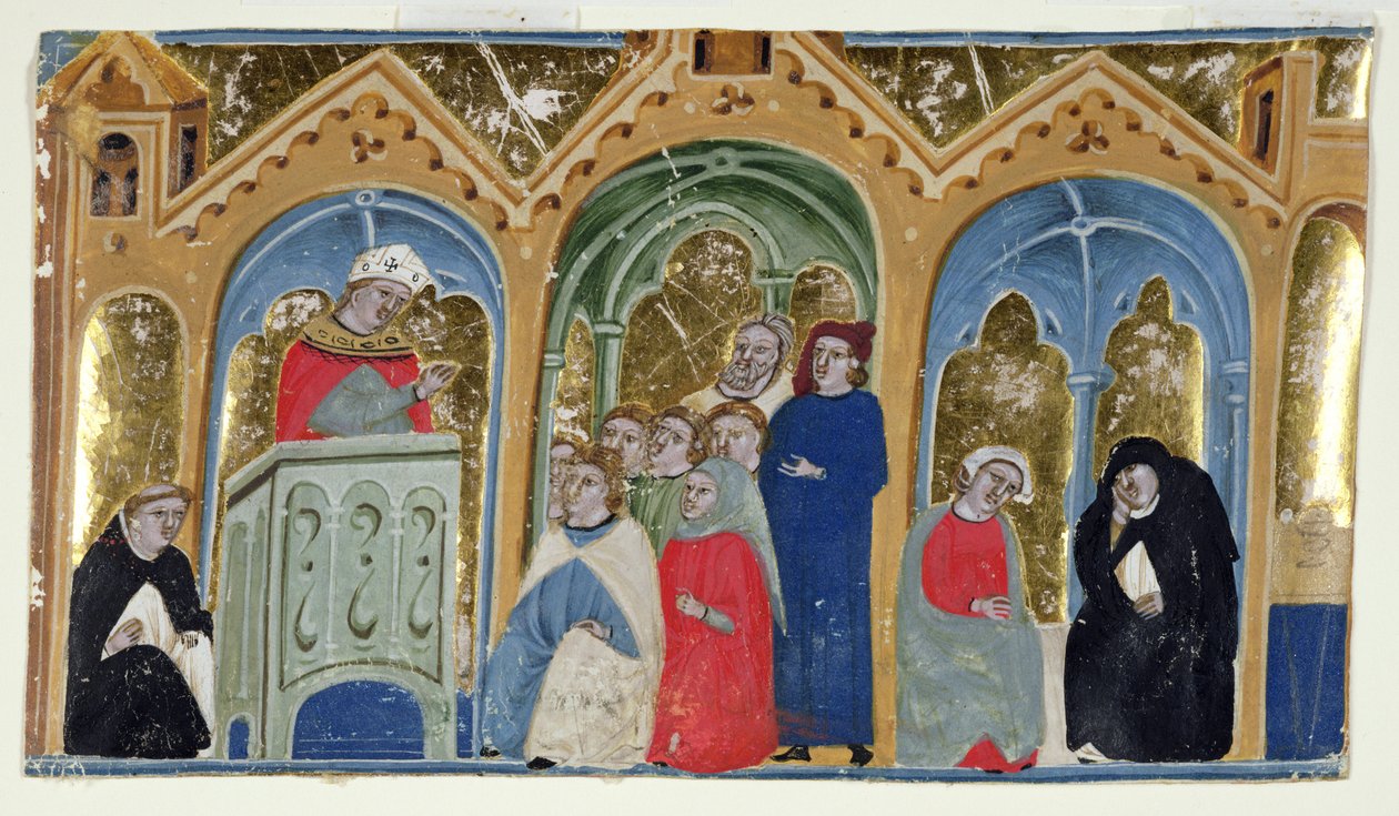 السيدة 400-2000: صورة مصغرة من Gratians Decretum تظهر أسقفاً يوعظ إلى جماعة ، 1325-30. بواسطة المدرسة الايطالية