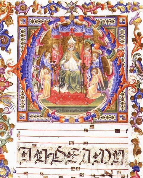 Ms 557 f.35v مبدئي مؤرخ بـ "O" يصور إيجيديوس (سانت جايلز) (ت. 700) متوجًا محاطًا بالملائكة ، من "Messale di Sant